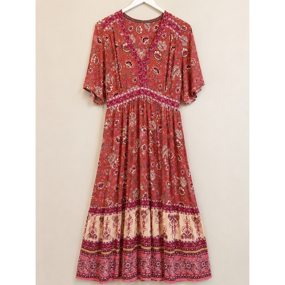 Knox Rose Boho Floral Maxi Dress Pink Rust Paisley Empire Waist Small